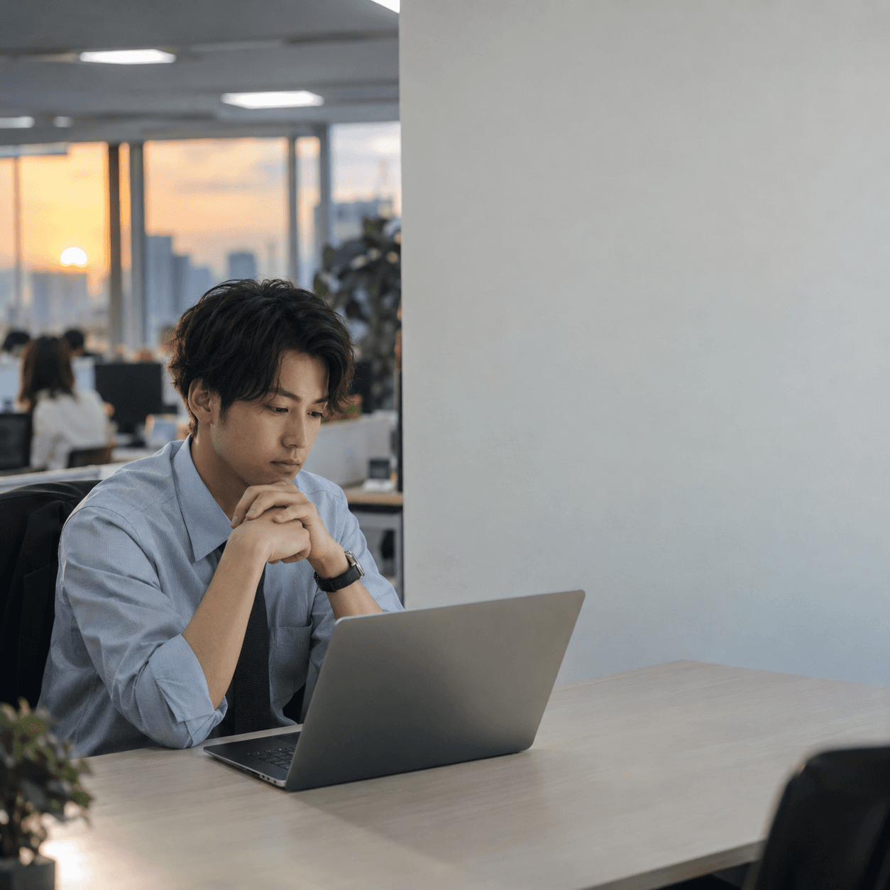 夕暮れのオフィスで、画面の前で考え込む会社員